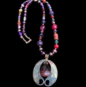 Long Burgundy Maroon Beaded Pendant Necklace